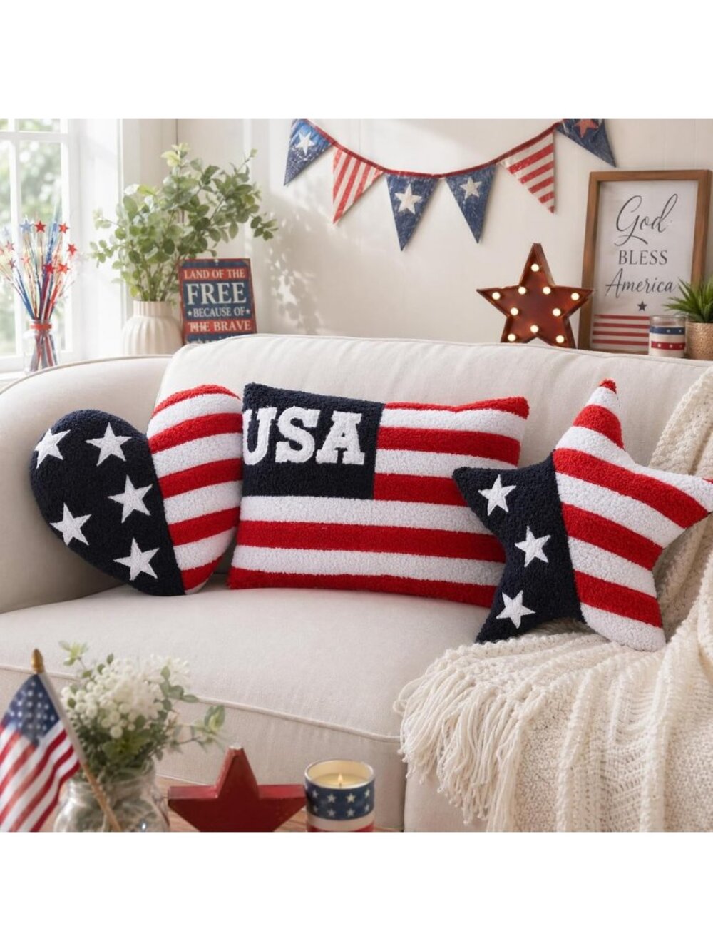 Patriotic 4th of July Throw Pillows Set - Soft Heart & Star Cushions for Home